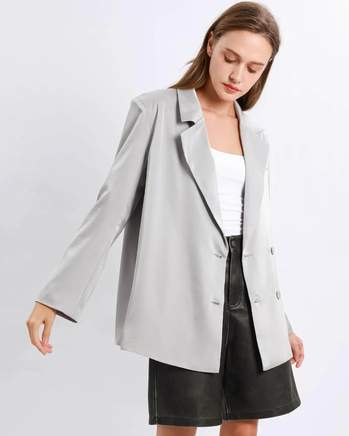 Xintianji Women Satin Causal Blazers - Long Sleeve Loose Fit Suit Button Front Work Blazer Jackets
