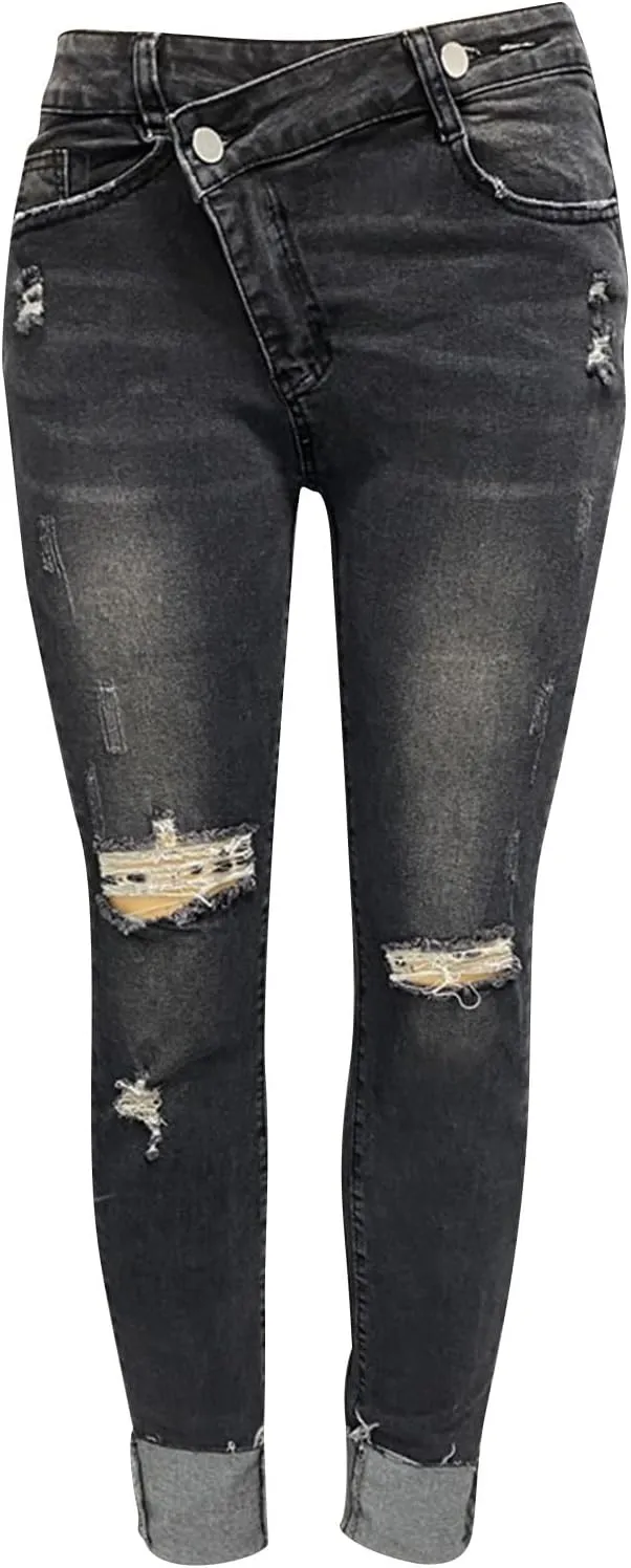 Y2k Jeans Women Casual Straight Leg Ripped Pants Jeans Classic High Waisted Button Stretch Denim Pants