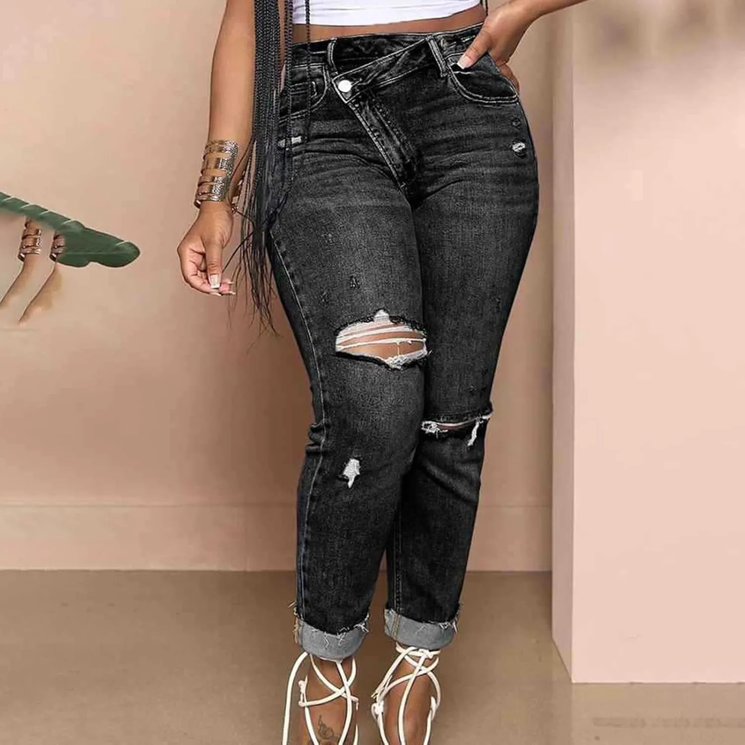 Y2k Jeans Women Casual Straight Leg Ripped Pants Jeans Classic High Waisted Button Stretch Denim Pants