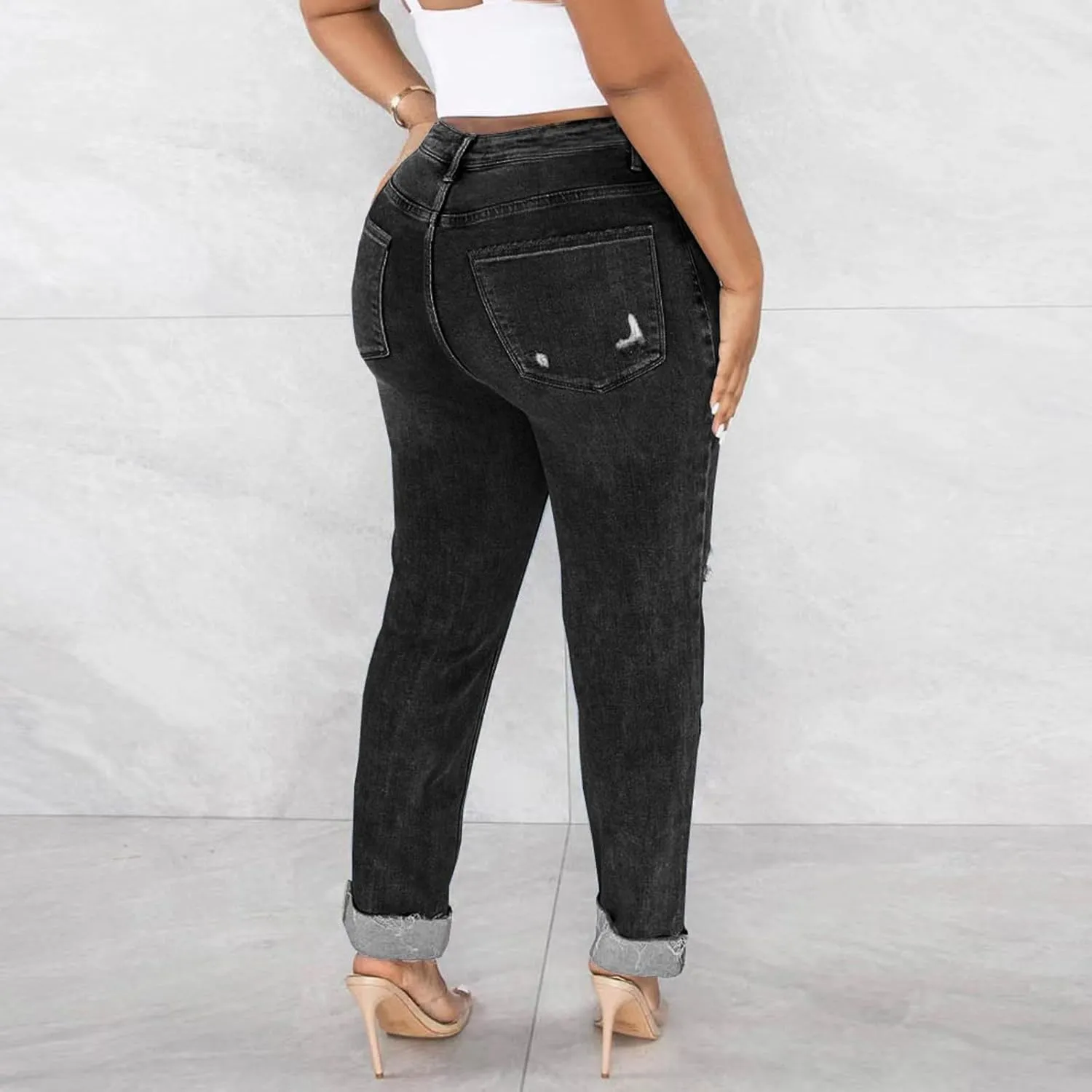 Y2k Jeans Women Casual Straight Leg Ripped Pants Jeans Classic High Waisted Button Stretch Denim Pants