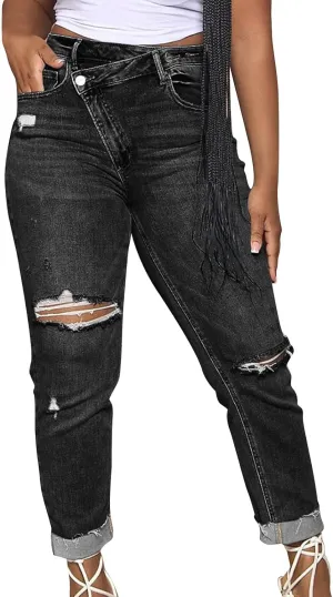 Y2k Jeans Women Casual Straight Leg Ripped Pants Jeans Classic High Waisted Button Stretch Denim Pants