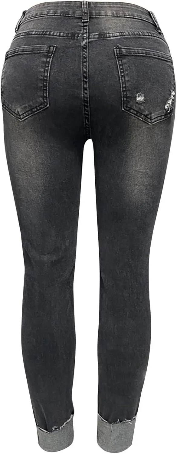 Y2k Jeans Women Casual Straight Leg Ripped Pants Jeans Classic High Waisted Button Stretch Denim Pants