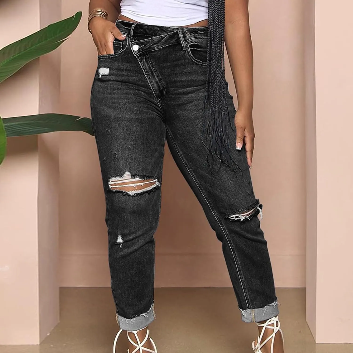 Y2k Jeans Women Casual Straight Leg Ripped Pants Jeans Classic High Waisted Button Stretch Denim Pants