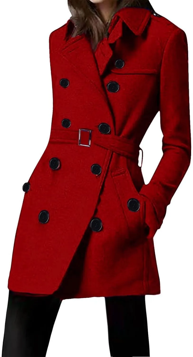yardsong Womens Double Breasted Trench Coats Belted Slim Fit Pea Coats Winter Fashion Wool Blend Lapel Jackets with Pockets