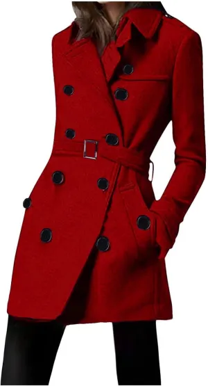 yardsong Womens Double Breasted Trench Coats Belted Slim Fit Pea Coats Winter Fashion Wool Blend Lapel Jackets with Pockets