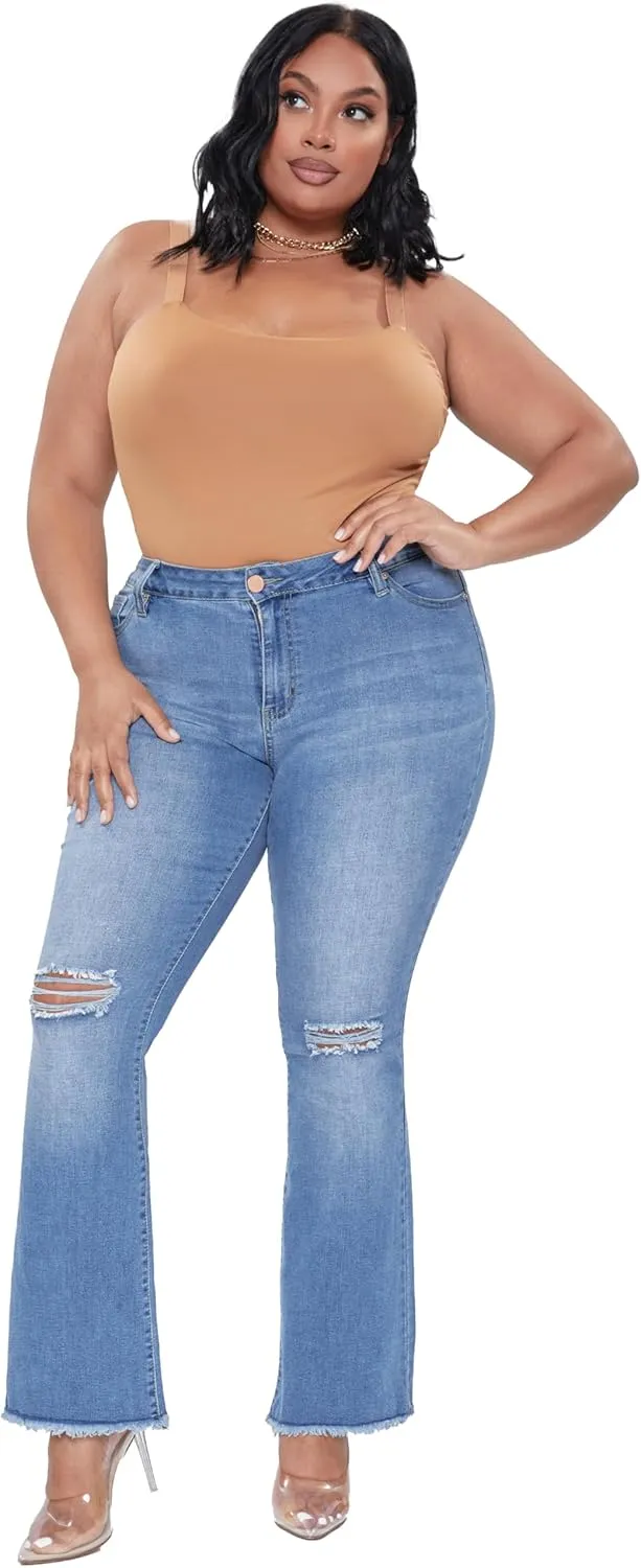 YMI Women's Plus Size Distressed Super Flare Jeans