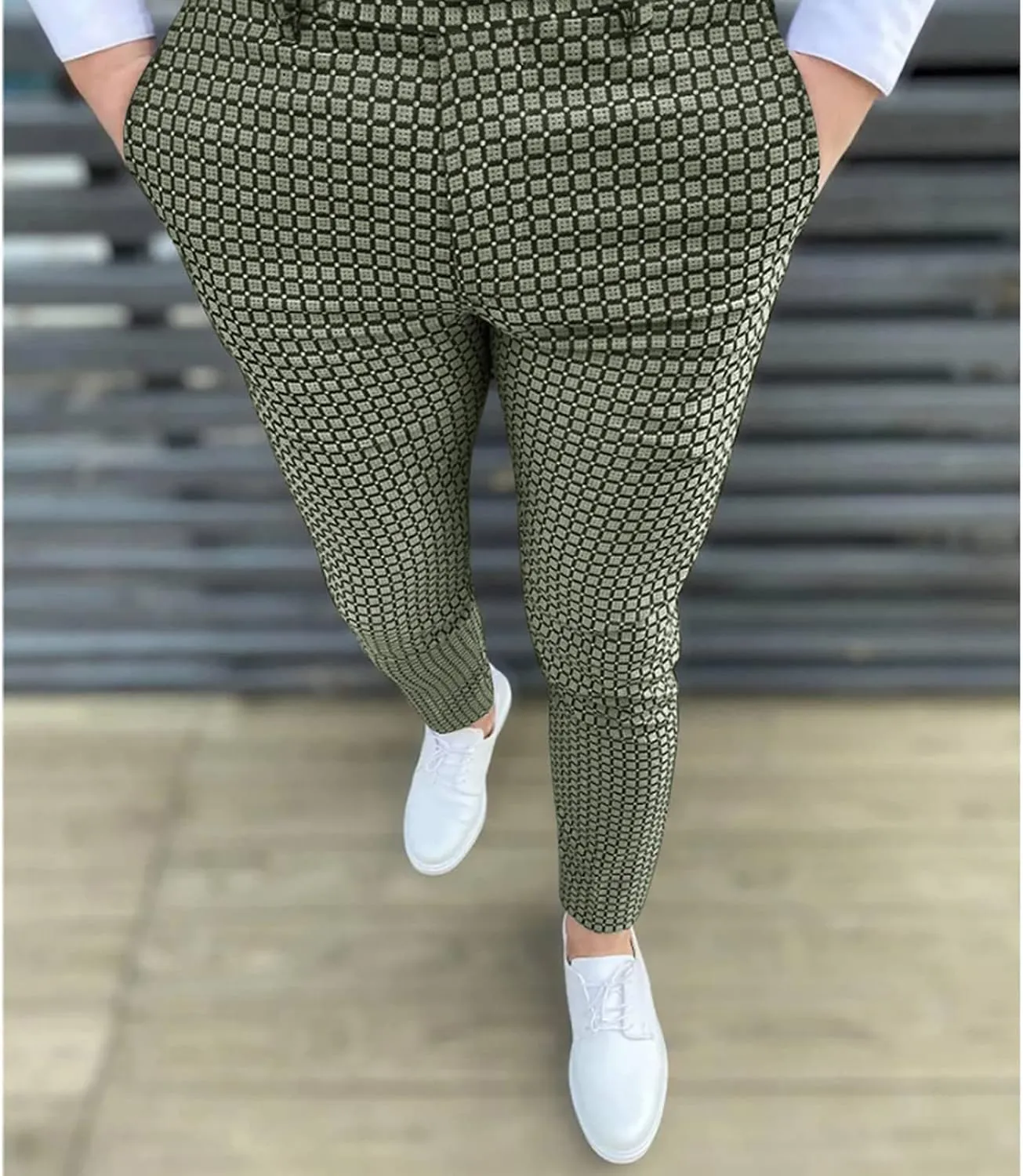 Ymosrh Khaki Jeans for Men Men's Fashion Stretch Dress Pants Slim Fit Plaid Pants Business Suit Casual Golf Jeans