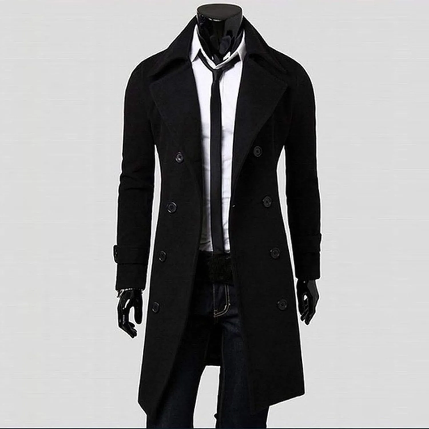 Ymosrh Men's Trench Coat Long Notched Lapel Double Breasted Jacket Overcoat Pea For Men, M-3XL