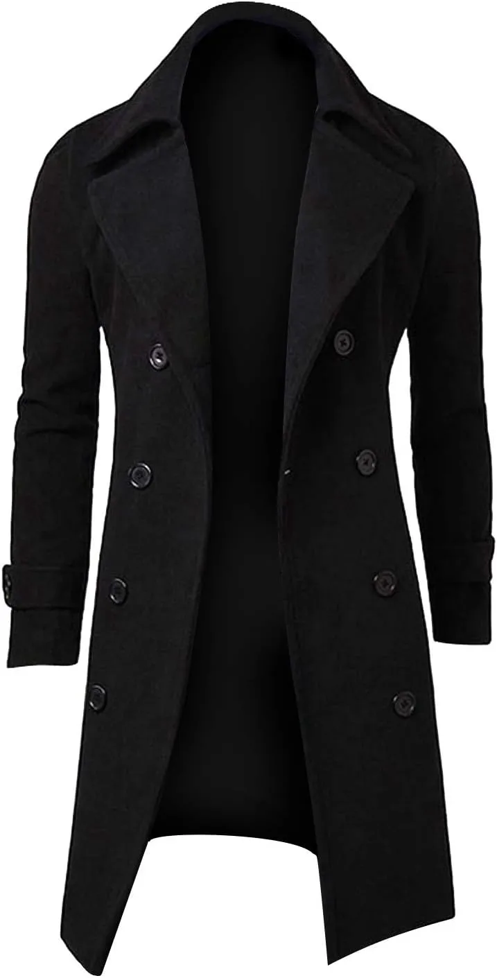 Ymosrh Men's Trench Coat Long Notched Lapel Double Breasted Jacket Overcoat Pea For Men, M-3XL