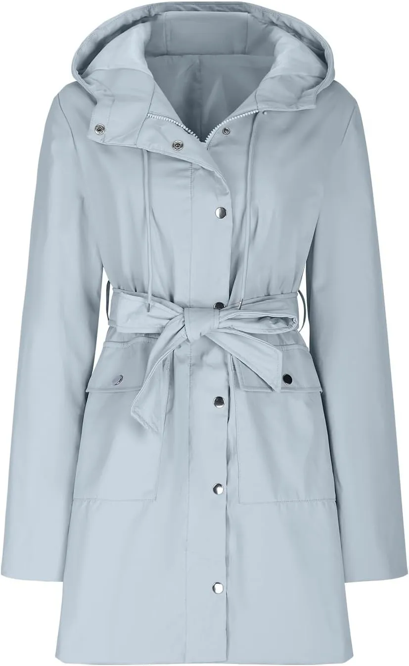 YRAETENM Rain Jacket Women Lightweight Lapel Waterproof Hooded Trench Coats Active Outdoor Belted Windbreaker with Pockets