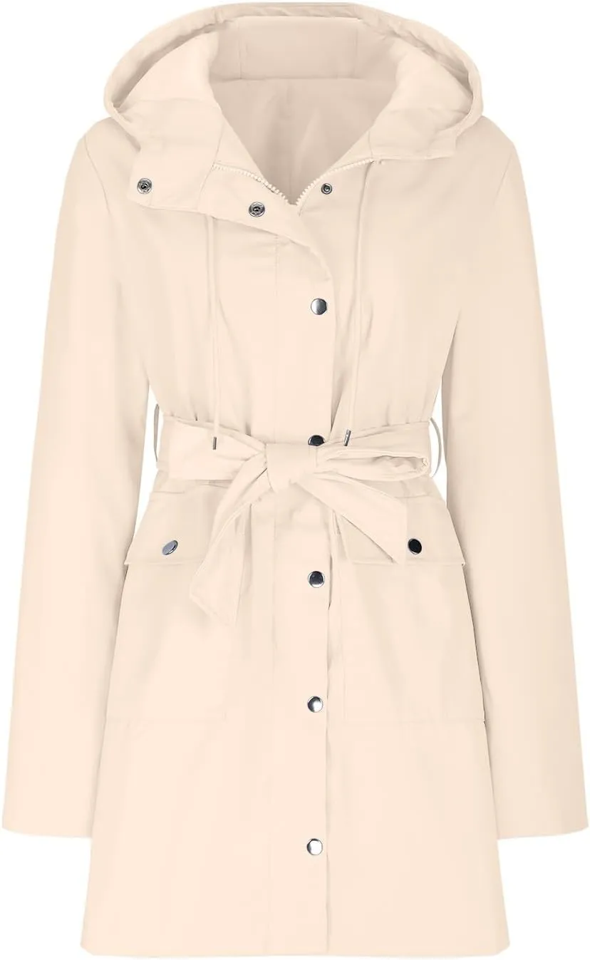 YRAETENM Rain Jacket Women Lightweight Lapel Waterproof Hooded Trench Coats Active Outdoor Belted Windbreaker with Pockets