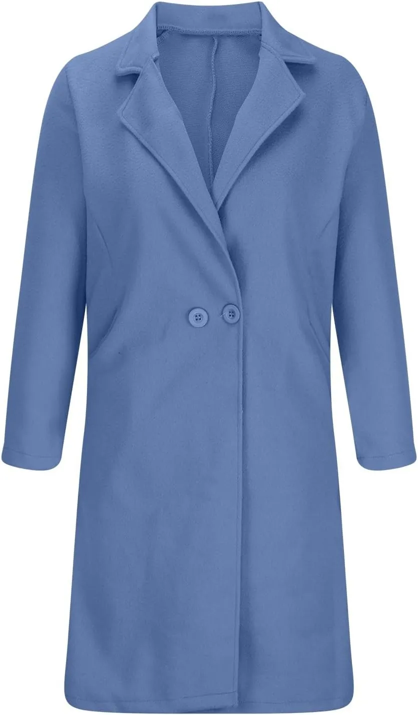 YRAETENM Winter Coats for Women Notched Lapel Wool Blend Solid Long Pea Coat Casual Slim Fit Warm Trench Coats with Pockets