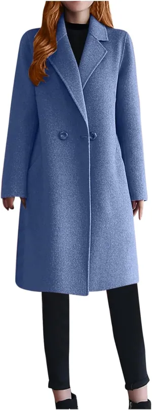YRAETENM Winter Coats for Women Notched Lapel Wool Blend Solid Long Pea Coat Casual Slim Fit Warm Trench Coats with Pockets