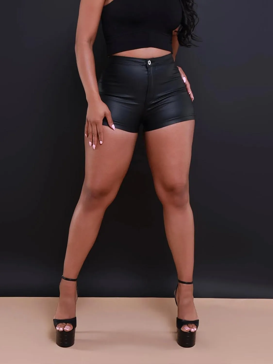 Zebaexf Black Leather Shorts High Waist Sexy Legging Shorts Womens Casual Faux Leather Shorts