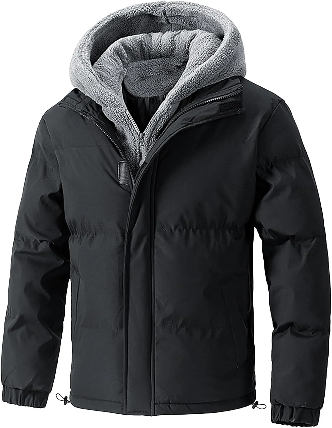 Zip up Puffer Jacket Men with Hood Padded Quilted Thicken down Hooded Jacket Winter Warm Coat Windproof Insulated Parka