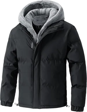 Zip up Puffer Jacket Men with Hood Padded Quilted Thicken down Hooded Jacket Winter Warm Coat Windproof Insulated Parka