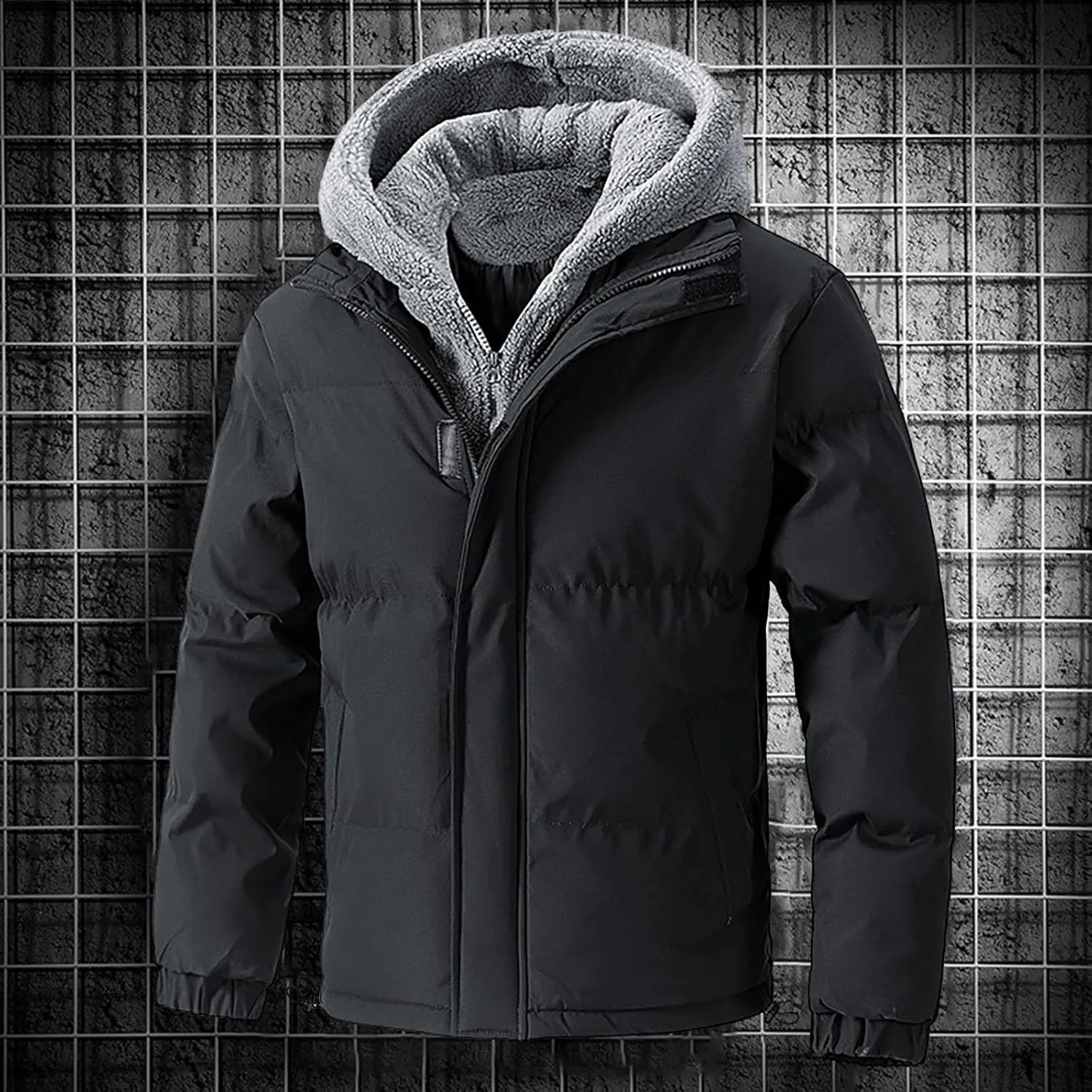 Zip up Puffer Jacket Men with Hood Padded Quilted Thicken down Hooded Jacket Winter Warm Coat Windproof Insulated Parka