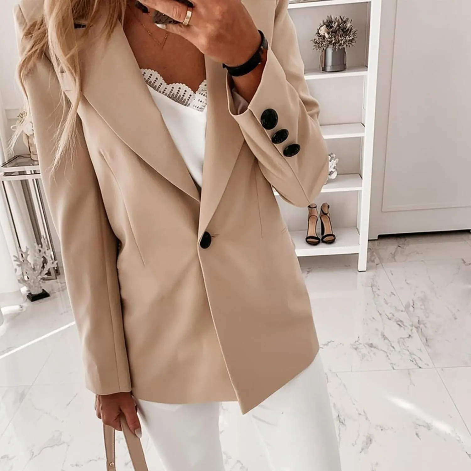 ZWRXW Womens Oversized Long Sleeve Blazers Notch Lapel One Button Suit Jacket Business Work Casual Office Blazers Outwear