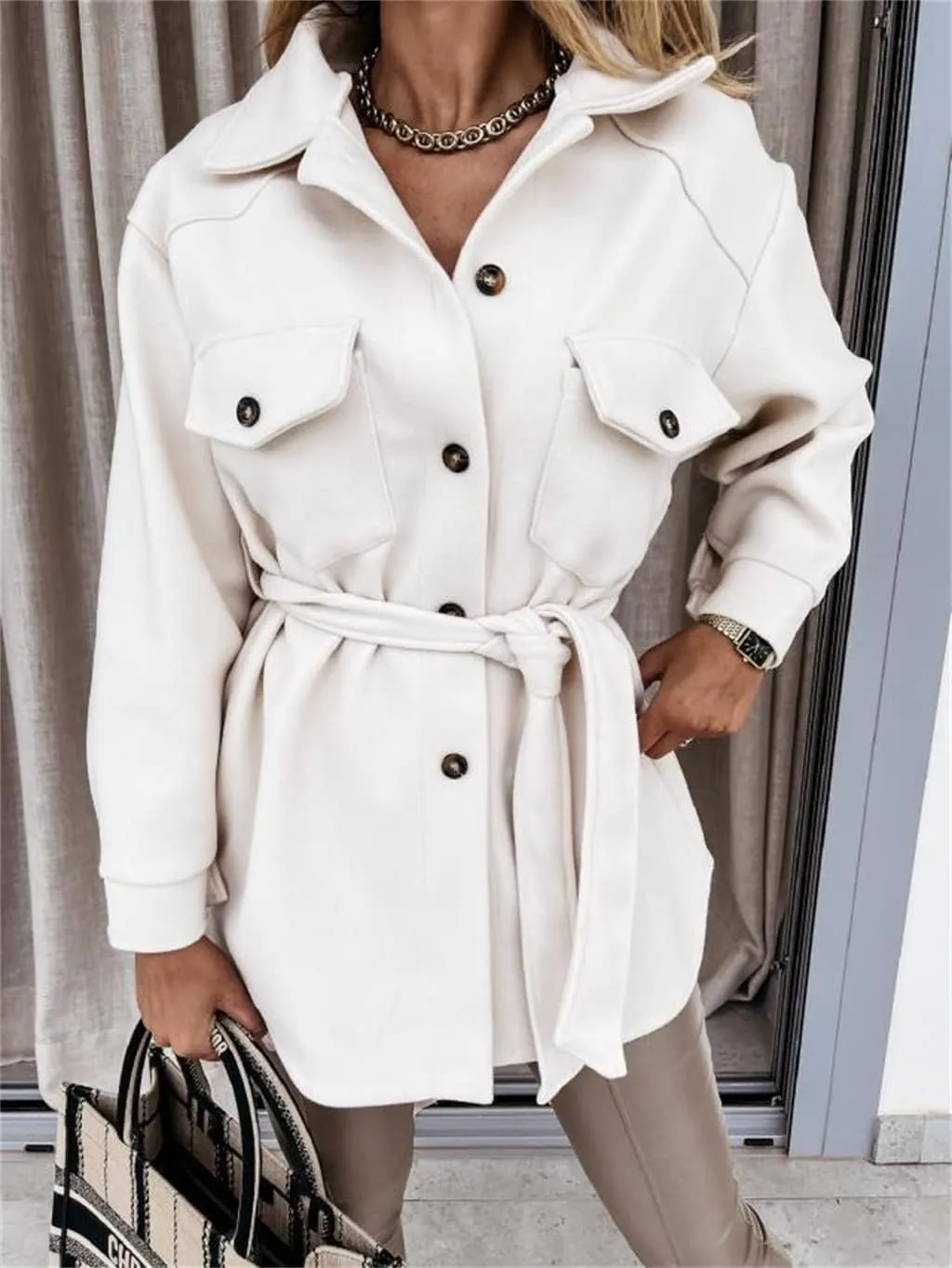 ZWRXW Womens Trench Coats Fashion Lapel Button Down Peacoat with Belted Casual Fall Winter Woolen Jackets Mid-Long Outwear